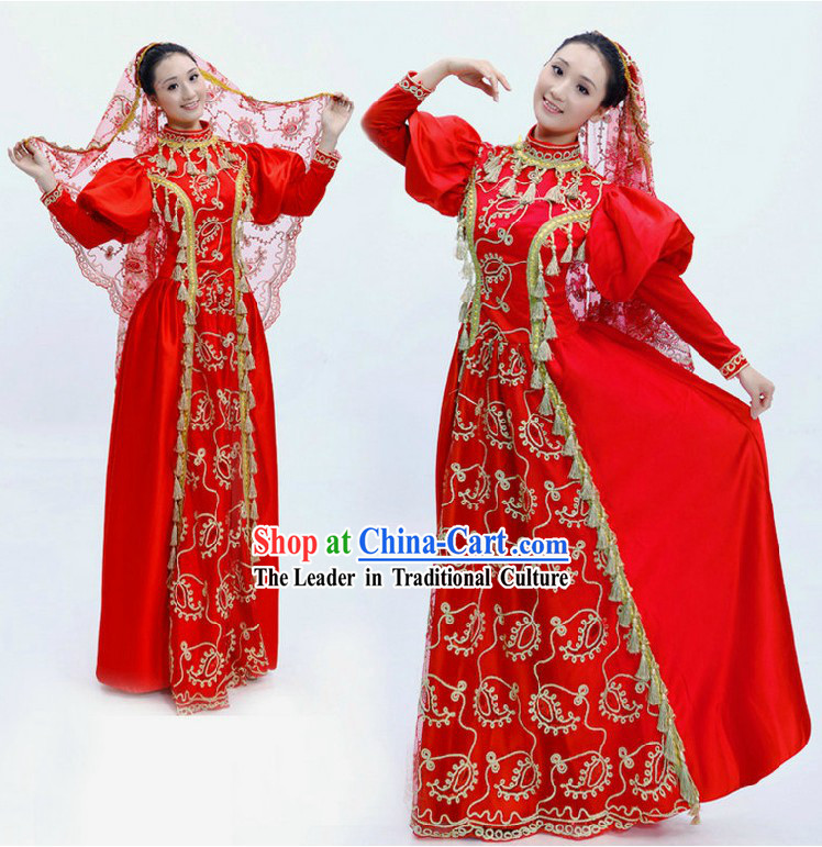 Traditional Chinese Red Minority Dance Costumes and Veil for Women