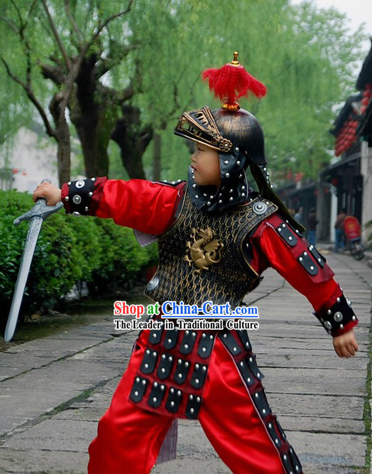 Ancient Chinese Palace General Costumes and Helmet and Shield for Kids