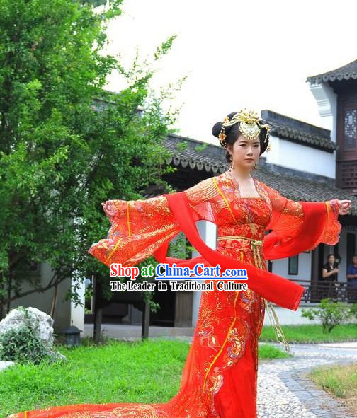 Ancient Chinese Red Wedding Dress with Long Tail