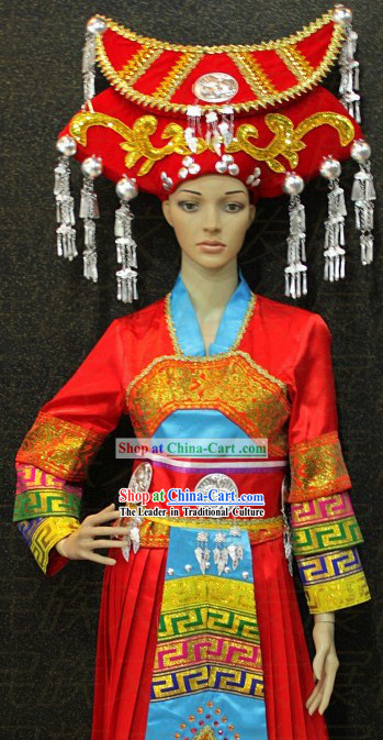 Chinese Zhuang Ethnic Clothing and Hat for Women