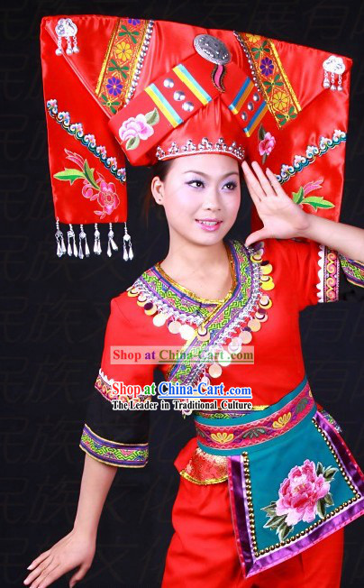 Chinese Zhuang Ethnic Minority Costumes and Hat for Women