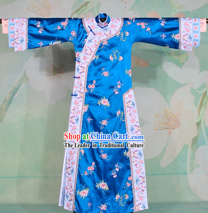 Qing Dynasty Blue Embroidered Flower Princess Clothes Complete Set