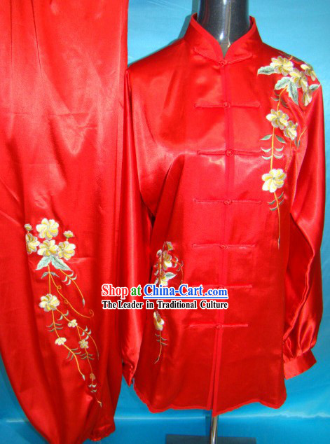 Chinese Classical Red Embroidered Flower Kung Fu Clothing Set for Women