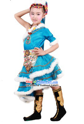 Blue Chinese Tibetan Minority Dance Costumes and Headwear for Kids