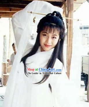 Ancient Chinese White Guzhuang Costumes and Headwear for Women