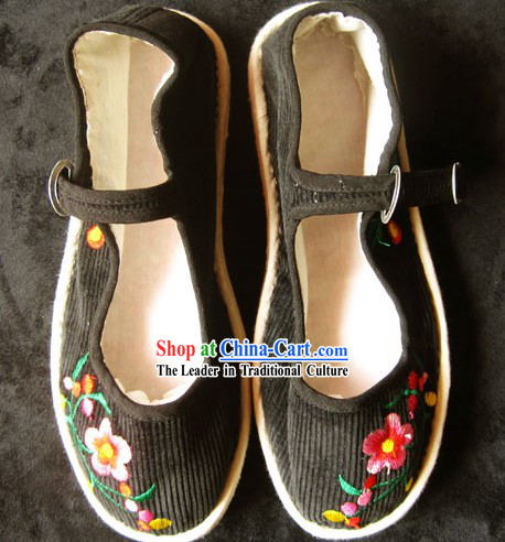 All Handmade Chinese Black Embroidered Flower Shoes for Women