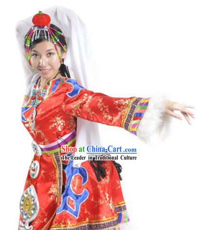 Chinese Tibetan Dance Costumes and Headdress Complete Set for Women