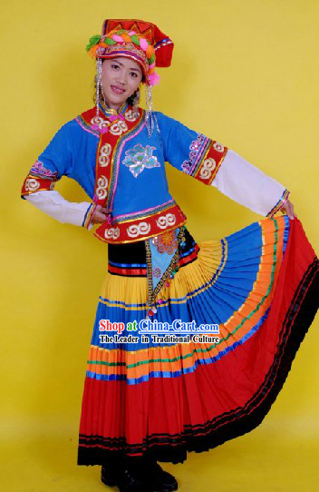 Traditional Chinese Yi Ethnic Dance Costume and Hat Complete Set for Women