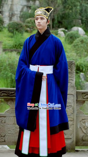 Blue Traditional Ancient Chinese Hanfu Clothing and Hat for Men