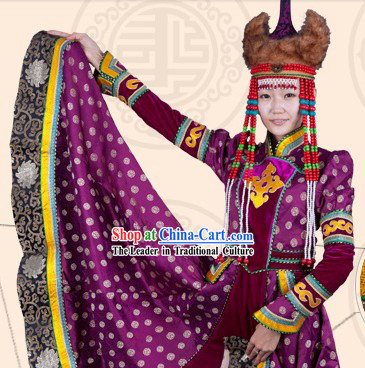 Traditional Chinese Mongolian Empress Clothing and Hat Complete Set for Women