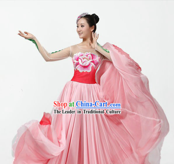 Chinese Classical Peony Long Skirt Dance Costumes and Headpiece