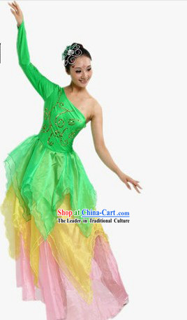 One Shoulder Green Stage Performance Dancing Costumes and Headpiece for Women