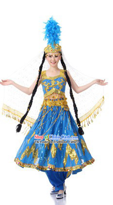 Traditional Chinese Xinjiang Minority Dance Costumes and Hat for Women