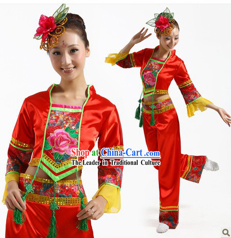 Traditional Chinese Fan Dance Costume and Headpiece for Women