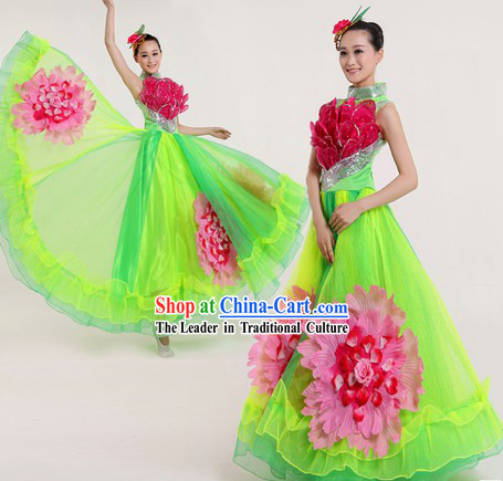 Traditional Chinese Lotus Flower Costumes and Headpiece for Women