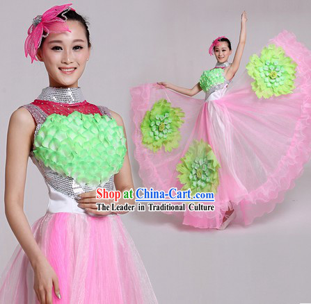Traditional Chinese Comptemperary Dance Costumes and Headpiece for Women