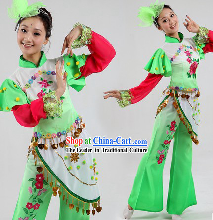 Traditional Chinese Group Dance Costumes and Headpiece for Women