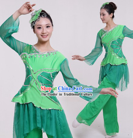 Traditional Chinese Green Fan Dancing Costumes and Headpiece for Women
