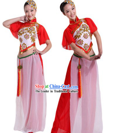 Traditional Chinese Group Dance Stage Performance Costumes and Headpieces
