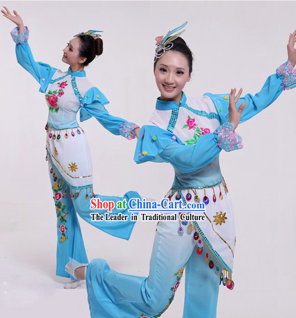 Traditional Chinese Blue Fan Dancing Costumes and Headpiece for Women