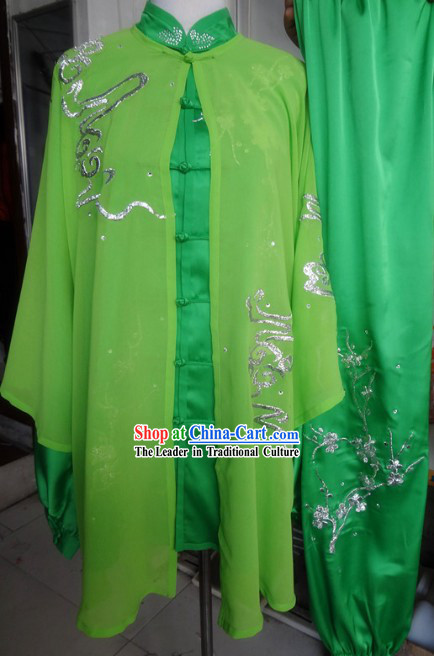 Traditional Chinese Green Tai Ji Kung Fu Performance Uniform and Cape Complete Set