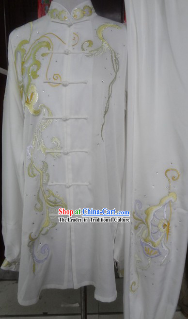 Chinese Classic White Embroidered Flower Kung Fu Martial Arts Master Uniform