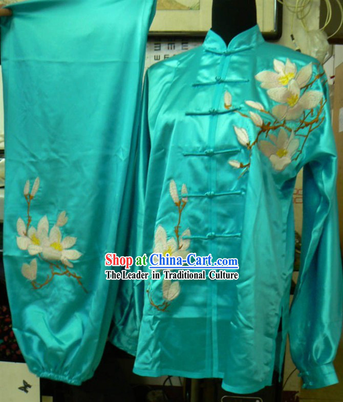 Bue Long Sleeves Lotus Embroidery Martial Arts and Tai Ji Clothing Complete Set for Men