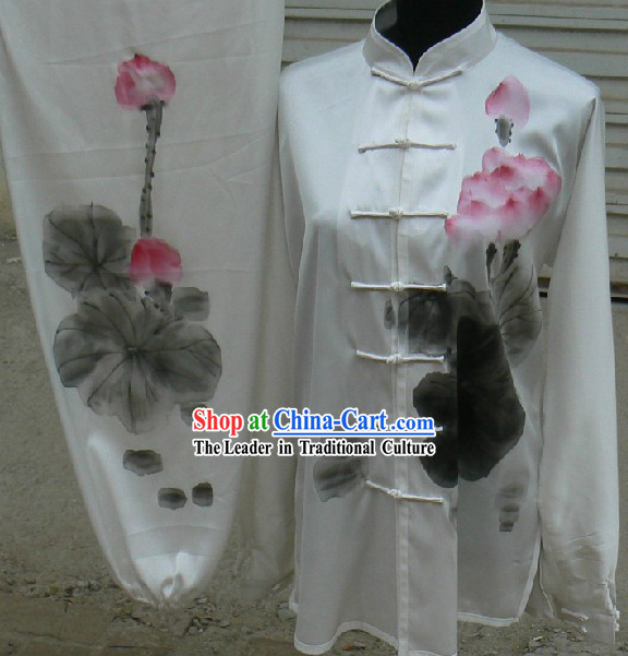 Traditional Chinese White Hand Painted Lotus Kung Fu Uniform