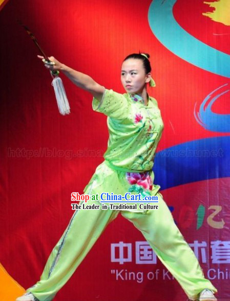 Supreme Green Embroidered Lotus Martial Arts Uniforms for Women