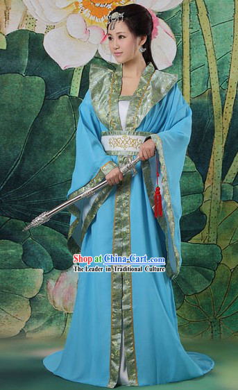 Ancient Chinese Blue Swordswoman Costumes Complete Set