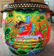 Chinese Classical Hands Painted Carp and Lotus Lion Dance Drum