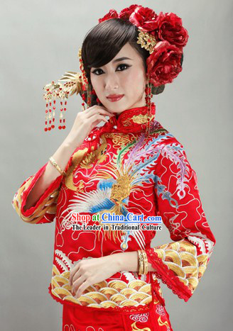 Traditional Chinese Mandarin Phoenix Embroidery Wedding Blouse and Skirt Outfit Set for Women