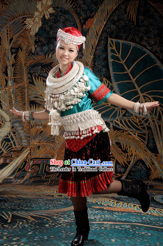 Traditional Chinese Miao Clothes and Necklace and Hat for Women