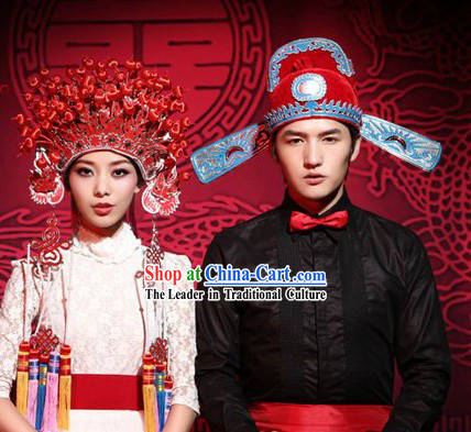 Ancient Chinese Red Bridegroom and Bride Hats Pair