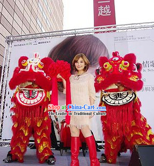 Red Color Chinese Lunar New Year Events Lion Dancing Head and Body Costumes Complete Set