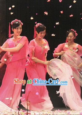Classical Peach Flower Dance Costume and Headwear Full Set for Women