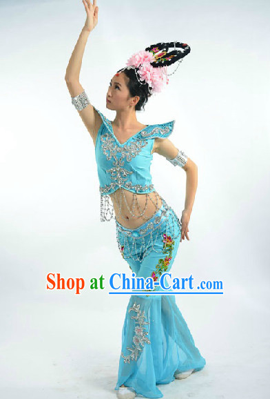 Light Blue Fei Tian Flying Angel Dance Costumes and Headwear Full Set