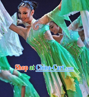 Asian Green Classical Dance Dresses and Headwear Full Set