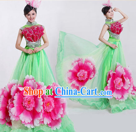 Professional Chinese Flower Dancing Costumes and Headwear Complete Set for Women