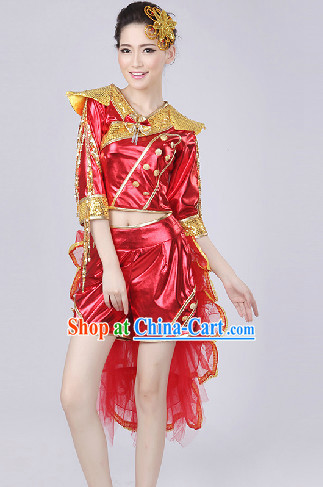 Enchanting Effect Red Drum Dance Costume and Headwear Complete Set for Girls