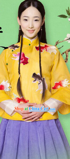 Traditional Chinese Mandarin Goldfish Embroidery Clothes for Girls