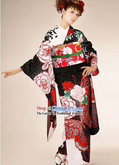Traditional Japanese Peony Kimono Set for Women