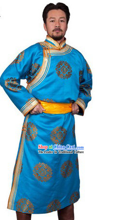 Traditional Chinese Long Blue Mongolian Prince Robe for Men