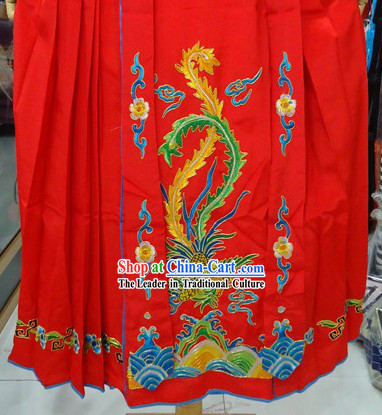 Traditional Chinese Stage Performance Red Embroidered Phoenix Skirt
