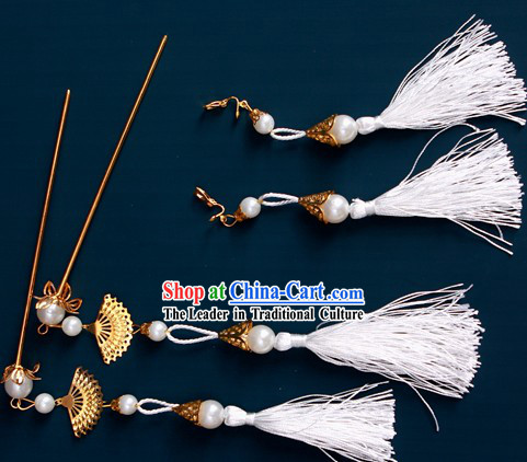 Ancient Chinese White Hanfu Style Hairpins and Earrings