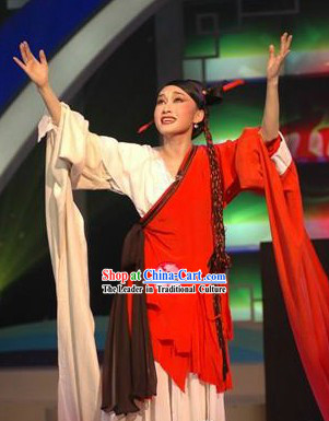 White and Red Long Water Sleeves Beijing Opera Costumes for Women