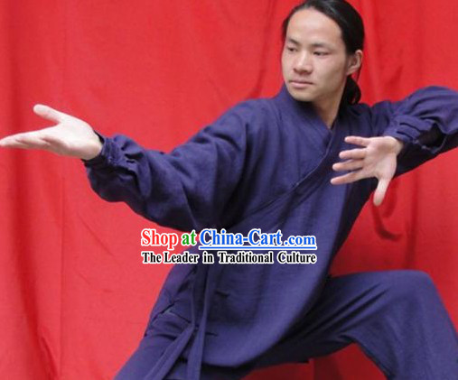 Top Quality Deep Blue Natural Flax Mandarin Chinese Martial Arts Outfit