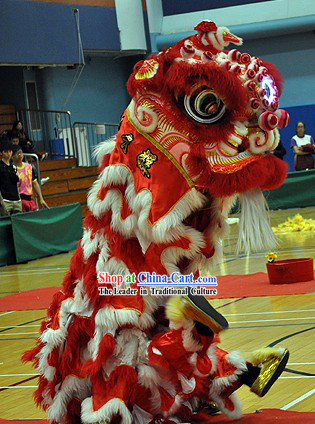 Red and White Long Wool Lion Dance Head and Costume Complete Set
