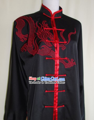 Silk Black Dragon Blouse Pants and Belt with Red Dragon Embroidery