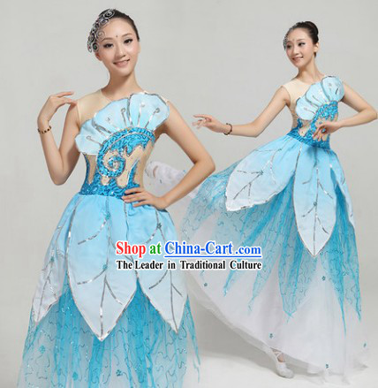 Blue Fan Dance Group Dance Costumes and Headwear Complete Set for Women